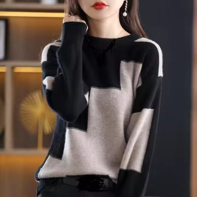 Custom Women Blocking Color Sweater Knit Contrast Jumpers Knitwear Tops Pullovers Crew Neck Spring Autumn Winter - Image 3