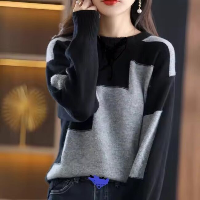 Custom Women Blocking Color Sweater Knit Contrast Jumpers Knitwear Tops Pullovers Crew Neck Spring Autumn Winter - Image 2