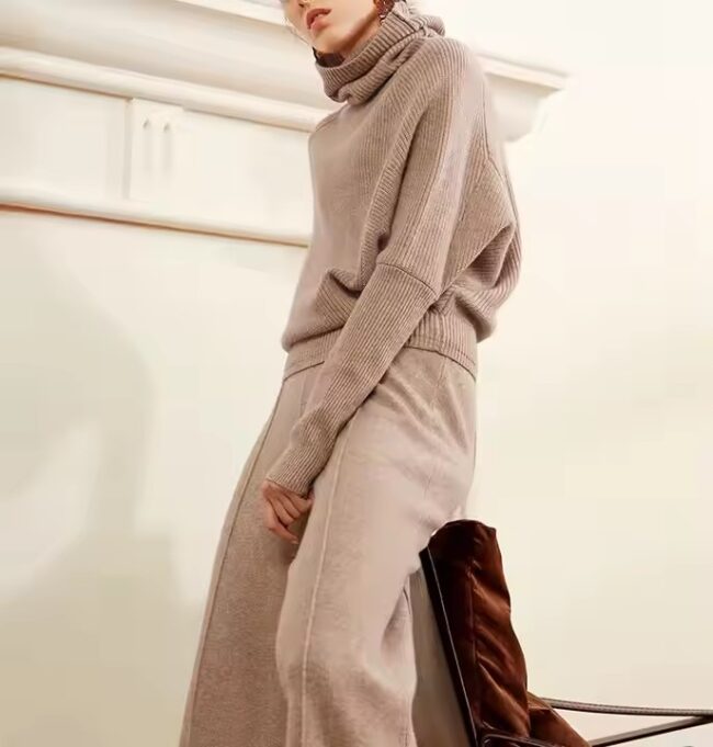 P18B146TR cashmere suit plain knitted turtleneck loose lazy elegant lady pullover sweater set cashmere sweater manufacturer - Image 3