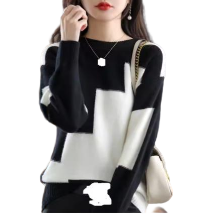 Custom Women Blocking Color Sweater Knit Contrast Jumpers Knitwear Tops Pullovers Crew Neck Spring Autumn Winter