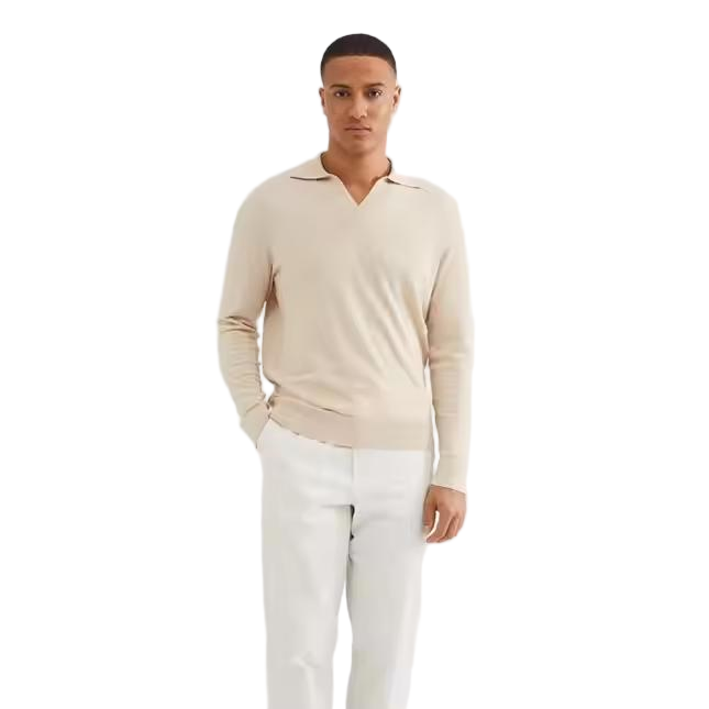 Polo shirt knitted wool cashmere sweater v neck long sleeve cover hip for men